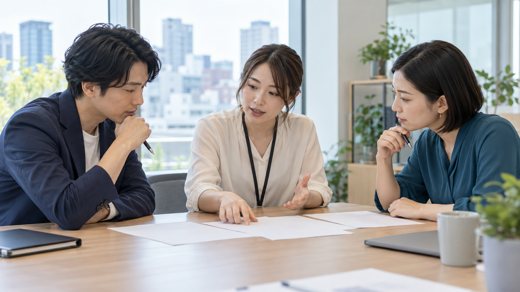 担当者3人が資料を囲み、状況と次の確認事項を整理している