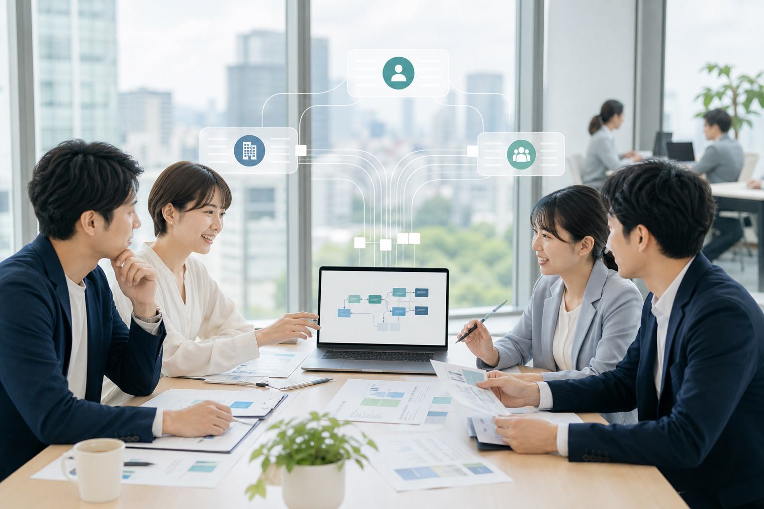 日本總部與台灣據點成員一起確認業務流程的示意圖