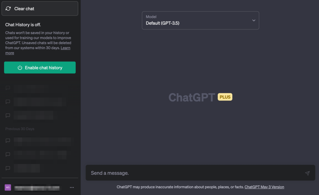 ChatGPT Screen(no history & training setting)